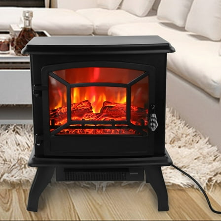 17''Electric Fireplace with Overheat Protection, Freestanding Stove Heater with Dual Heat Modes and Realistic Flame, Electric Fireplace Heater for Small Spaces Bedroom, Black