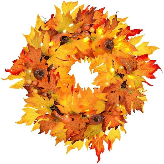 17" Fall Wreaths with LED Lights, Fall Lighted Maple Leaves Wreath, Artificial Wreath for Fall Front Door or Wall Decor, Decor for Halloween Party and Thanksgiving Day