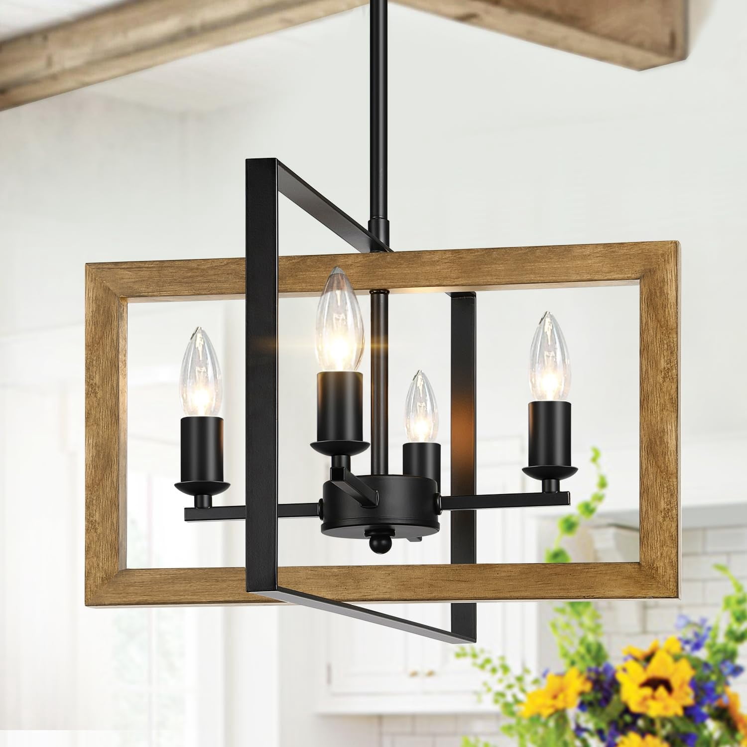 White Farmhouse Orb Chandelier – 4-Light Rustic Wood Pendant, Adjustable Height 20-79”, Dimmable, For Dining Room Kitchen