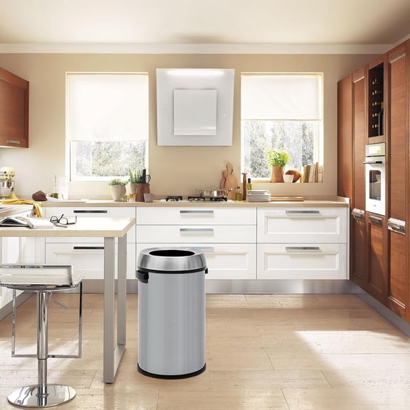 17 Gallon/65 Liter Round Clamshell, Open Top Trash Can, Commercial Grade Heavy Gauge Trash Bin, Stainless Steel Garbage Can, Perfect for Kitchen, Office, School, Restaurant, Silver