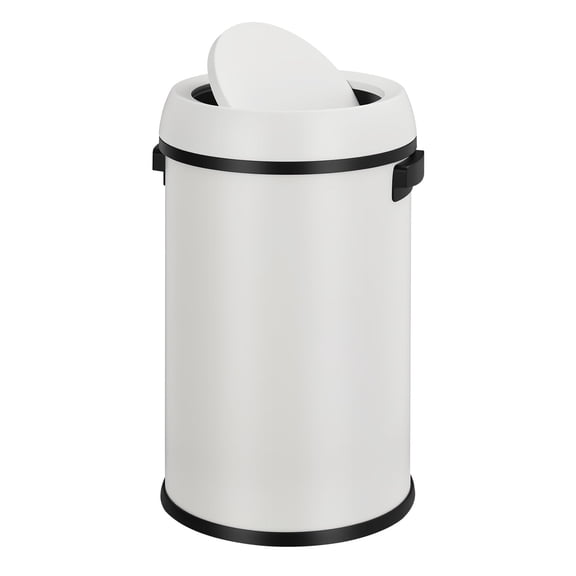 17 Gallon / 65L Stainless Steel SwingTop Trash Can, Commercial Heavy-Duty Round Garbage Bin with Quiet Swing Lid, Large Waste Container for Kitchen, Restaurant, Office, or Public Space, White