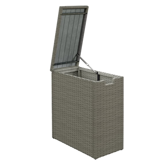 17-Gallon Deck Box, Wicker Outdoor Storage Cabinet with Acacia Wood Top, Patio Storage for Cushions & Tools, Gray