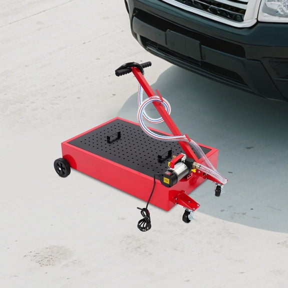 17 Gallon Low Profile Oil Drain Pan with Electric Pump, Metal Oil Change Pan Cart with 8FT Hose, Wheels and Folding Handle, Portable Liquid Pump for Trucks, Cars, SUVs, Buses, RVs