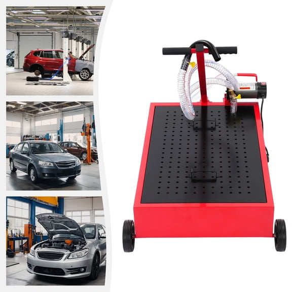 17 Gallon Low Profile Oil Drain Pan with Electric Pump, Metal Oil Change Pan Cart with 8FT Hose, Wheels and Folding Handle, Portable Liquid Pump for Trucks, Cars, SUVs, Buses, RVs