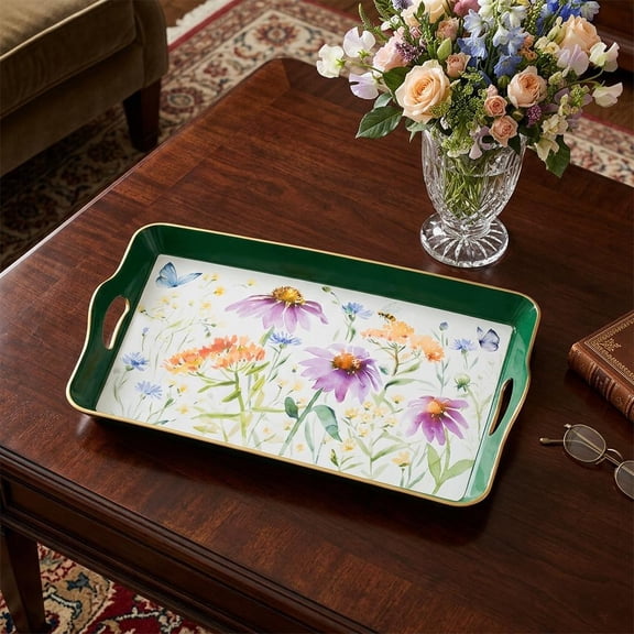 17" Green And White Watercolor Floral Serving Tray With Handles