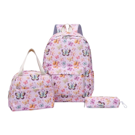 17” H Backpack with Lunch Pack Pencil Case 3pcs - Personalized Flower Butterfly Printed Backpack Set with Name - Custom Embroidered Name Purple Backpacks with Lunch Bag for Travel Camping