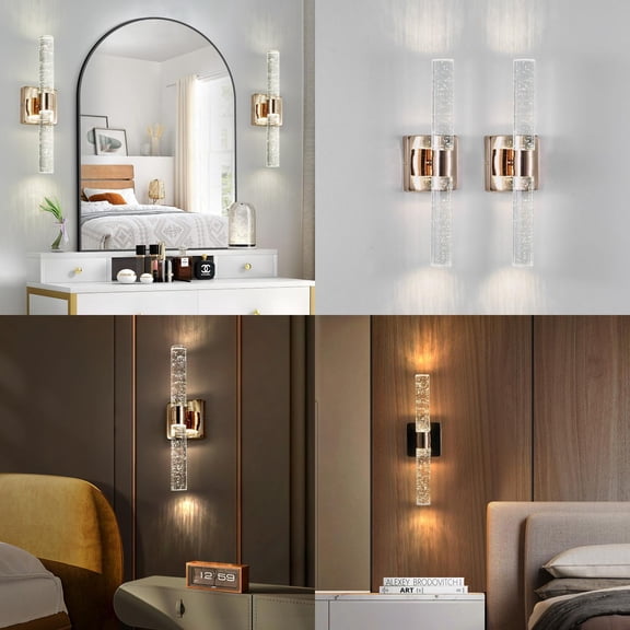 17”(H) Contemporary Crystal Wall Light Gold Plating Finish with Bubble Crystal 2-Light Sconce for Bathroom Bedroom Hallway – Modern Indoor Lighting Fixture