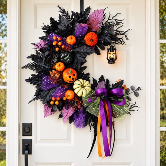 Halloween Wreath for Front Door, Crescent Wreath Moon, Black Gothic Spooky Outdoor Décor