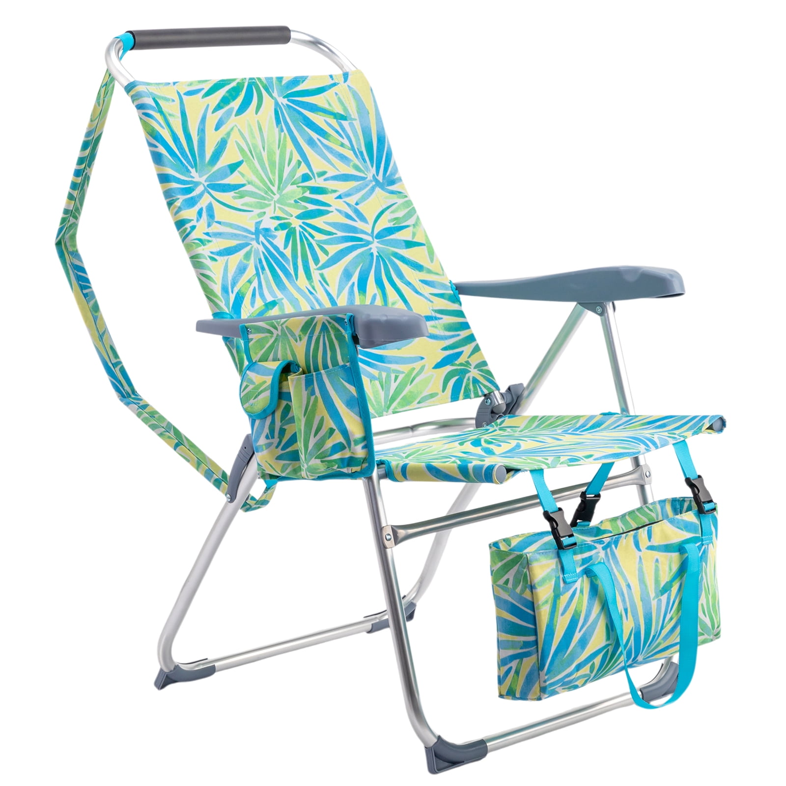 17" High Seat Folding Beach Chair, 7 Position Adjustable Recline Lounge Chair with Padded Headrest, Aluminum Frame Supports 265lbs with Cup Holder Side Pocket & Detachable Storage Tote