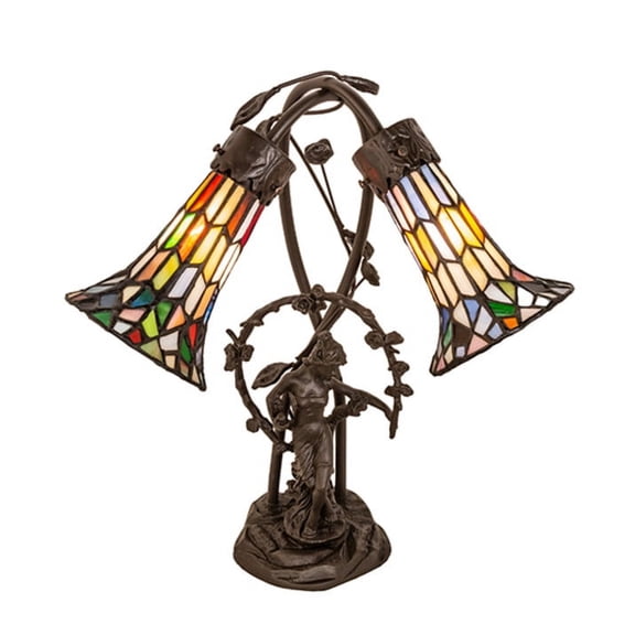 17" High Stained Glass Pond Lily 2 Light Trellis Girl Accent Lamp