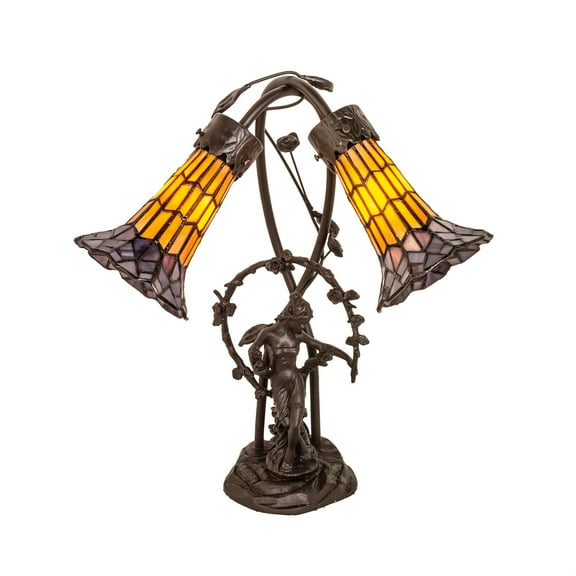 17" High Stained Glass Pond Lily 2 Light Trellis Girl Accent Lamp