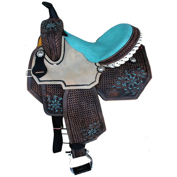 17" Horse Western Barrel Show Pleasure LEATHER SADDLE Turquoise 5090
