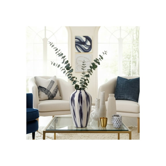 Decorative Vase Glossy Brushstroke Finish Glass Glam Style Home Office Living Room Centerpiece - 17" Blue & White
