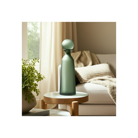 Glass Vase with Vertical Ribbed Detailing and Round Stopper Accent Aligned to Coastal Trend for Modern Decorative Display in Contemporary Interior Settings