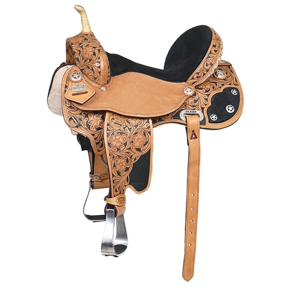 17 In Hilason Flex Tree Western Horse Saddle American Leather Trail Barrel Tan / Black Inlay With Floral Hand Carved