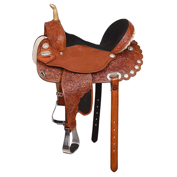 17 In Hilason Western Horse Barrel Flex Tree Trail Saddle American Leather Tan Gorgeous Floral Hand Tooled & Carved