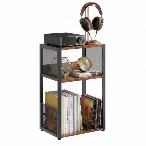 edx 3-Tier Iron Mesh CD Storage Rack & Record Player Stand, Multi-Use Organizer with U-Shaped Dividers, Anti-Rust & Sturdy, for Home/Office/Bedroom, Rustic Brown