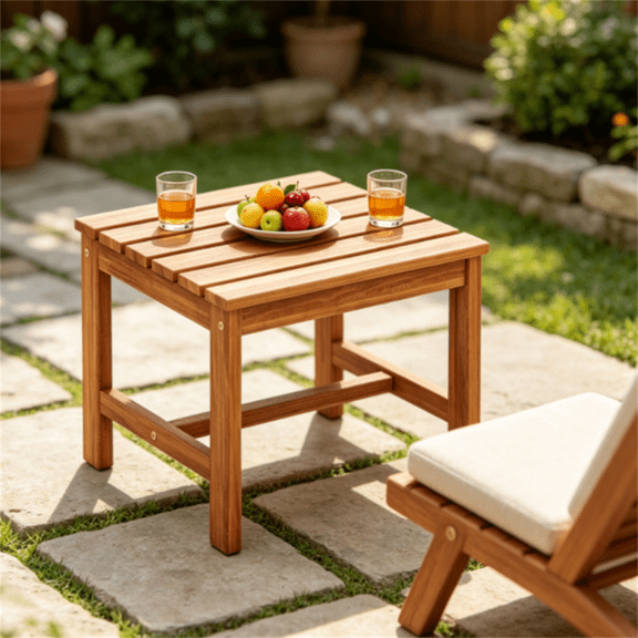17 Inch Acacia Wood Outdoor Square Side Table, Slatted Patio End Table with Drainage Slots, Heavy-Duty Reinforced Frame Bistro Table for Backyard, Garden & Poolside