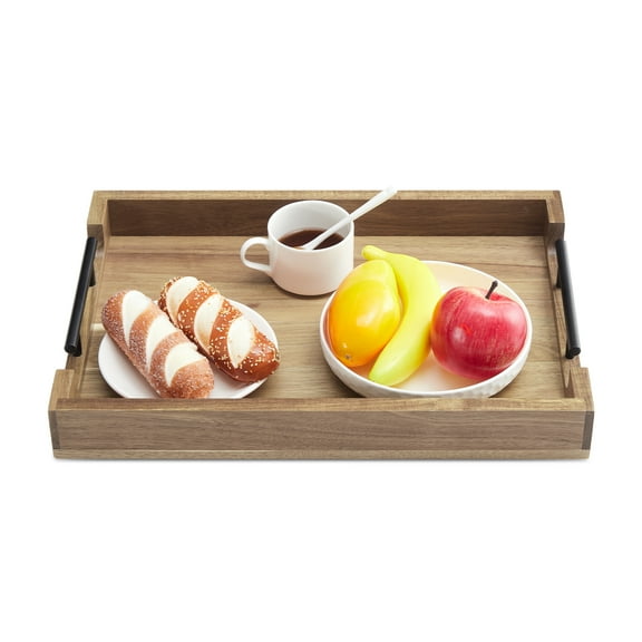 17 Inch Acacia Wood Serving Tray with Metal Handles, Large Wooden Rectangle Ottoman Tray for Living Room, Coffee Table, Couch, Sofa, Kitchen