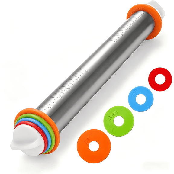 Adjustable Stainless Steel Rolling Pin with 4 Thickness Rings & Non-Stick Pastry Mat – Professional Dough Roller for Pizza, Cookies, Pasta & Pies