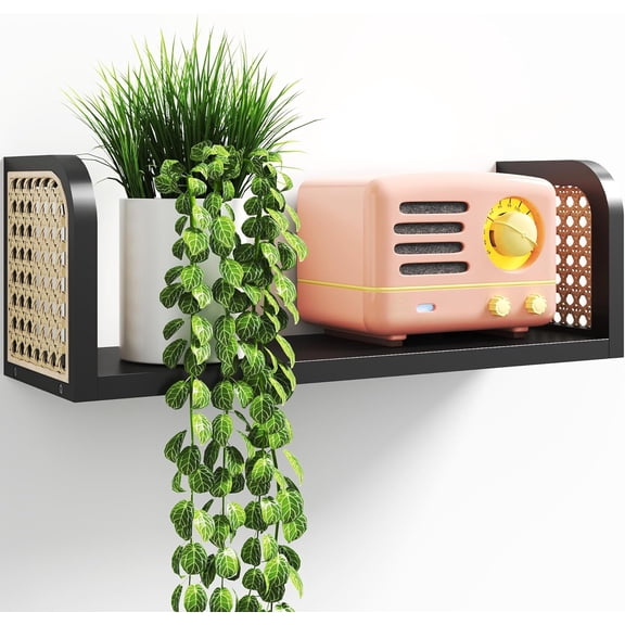 17 Inch Black Rattan Wall Shelf, Wooden Hanging Bookshelf Storage, Shelves Wall Mounted, Boho Decorative Floating Shelves for Living Room, Play Room, Bedroom