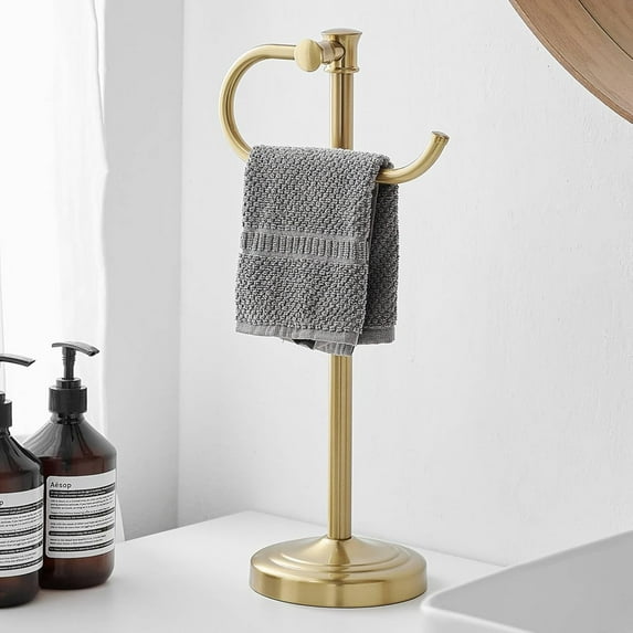 17 Inch Brushed Gold Stand Towel Bar Hanger Hand Towel Bar Bathroom Vanity Countertop Towel Holder Free Standing Stainless Steel Towel Ring Hardware Accessories Towel Rack
