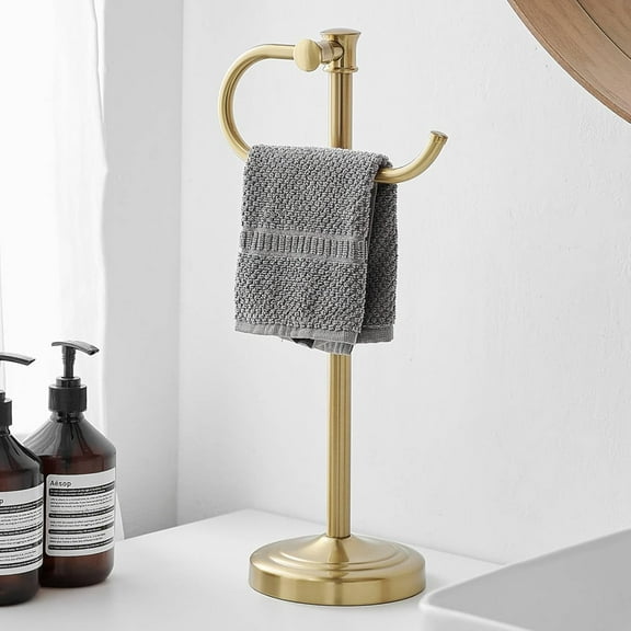 17 Inch Brushed Gold Stand Towel Bar Hanger Hand Towel Bar Bathroom Vanity Countertop Towel Holder Free Standing Stainless Steel Towel Ring Hardware Accessories Towel Rack