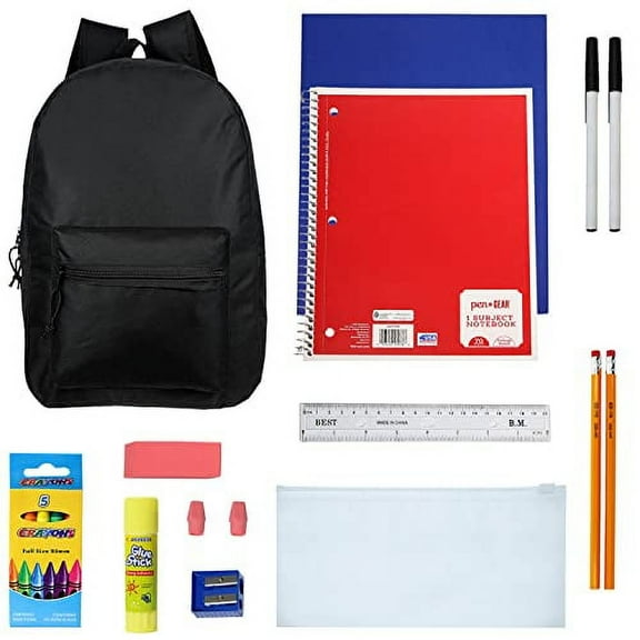 17 Inch Bulk Backpacks in Black Color with 18 Piece Student Supply Kits - Wholesale Case of 6 Value Bundle Packs 10067-BLK+SS-16-6
