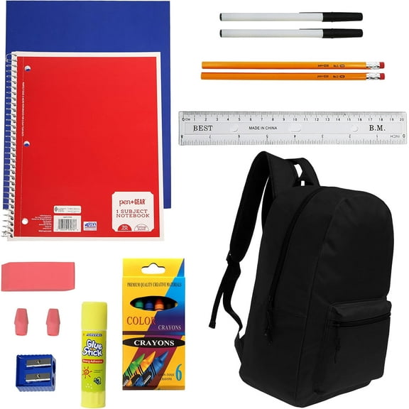 17 Inch Bulk Backpacks in Black Color with 18 Piece Student Supply Kits - Wholesale Case of 6 Value Bundle Packs 10067-BLK+SS-16-6