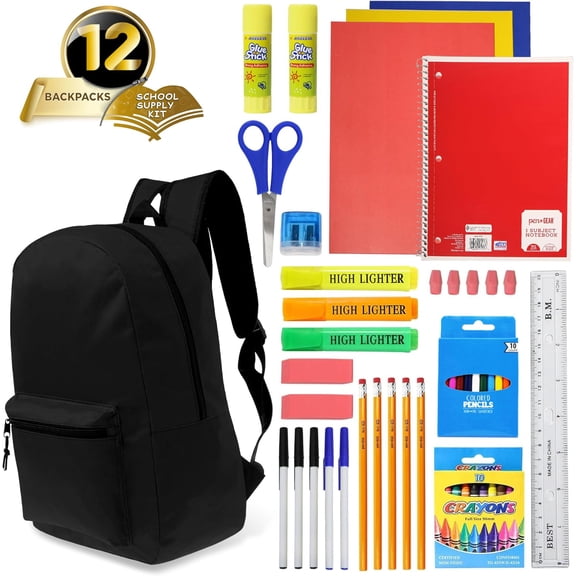 17 Inch Bulk Backpacks with 16 Piece School Supplies Kit - Pens, Pencils, Crayons, and More, Case of 12 Wholesale Backpacks in Black Colors