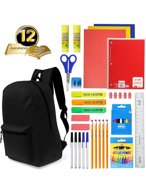 17 Inch Bulk Backpacks with 16 Piece School Supplies Kit - Pens, Pencils, Crayons, and More, Case of 12 Wholesale Backpacks in Black Colors