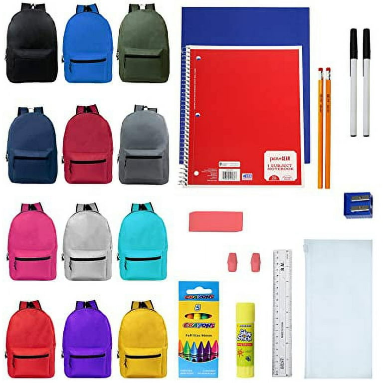 17 Inch Bulk Backpacks with 18 Piece School Supply Kits Case of 24 Wholesale Backpacks in 12 Assorted Colors Walmart