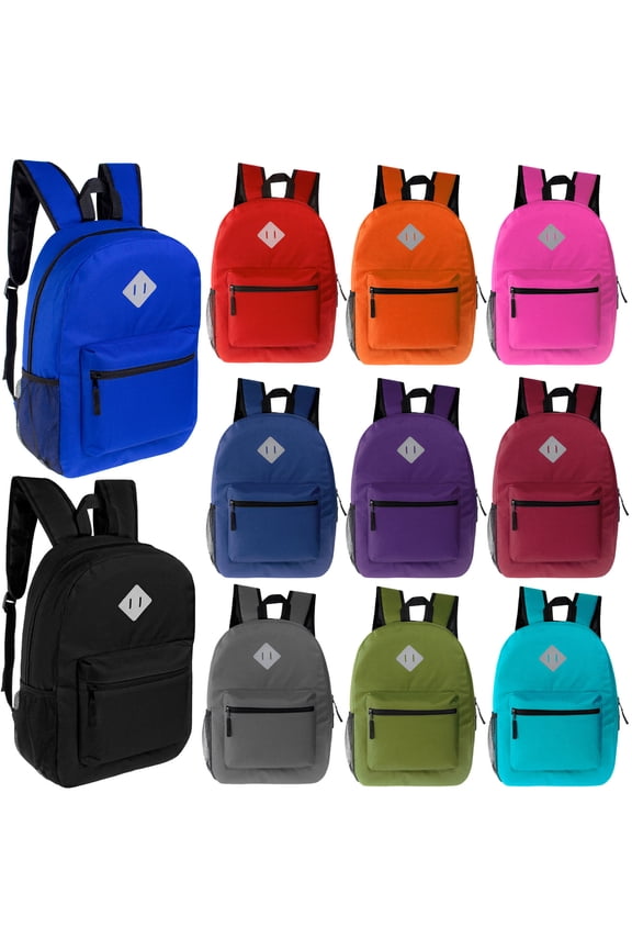 17-Inch Bulk School Backpacks  Solid Color, Assorted Colors, Case Pack of 24, Durable Bookbags for Students, Travel & Donations