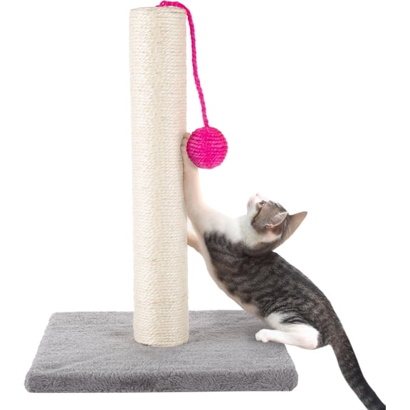 17-Inch Cat Scratching Post - Rope and Carpet Scratching Pole with Bright Pink Hanging Ball Toy for Adult Cats and Kittens (Gray)