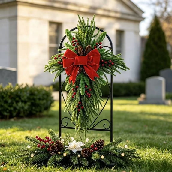 17 Inch Christmas Decorations Nativity Cross Wreath with Red Bow, Artificial Hanging Flowers, Pine Needle, Red Berries, UV-Resistant Faux Flowers for Winter, Religious Xmas Decor for Door Fireplace