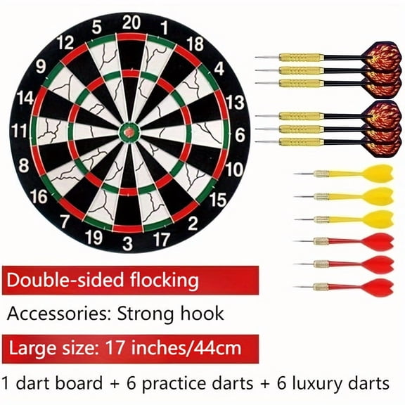 17-Inch Dart Target Set, Thick Double-Sided Flocking, Solid Alloy Frame, with 6 Practice Darts and 6 Luxury Darts, for Casual Games, Family Fun, Professional Competitions, Office Decompression