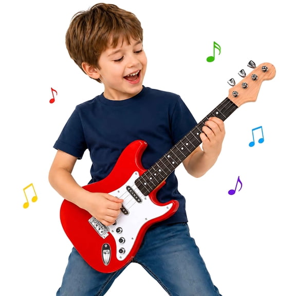 17 Inch Electric Guitar Toy for Kids Age 3-12, 4 String Musical Instrument with Strap, Red Portable Learner Playset for Boys Girls