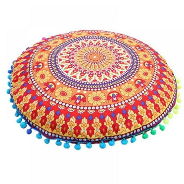 17 Inch Floor Pillows & Cushions Decorative Hippie Mandala Pouf Pillow Seating Meditation Cushion Bohemian Throw Cover Large Boho Ottoman Case Pillowcase for Couch Round