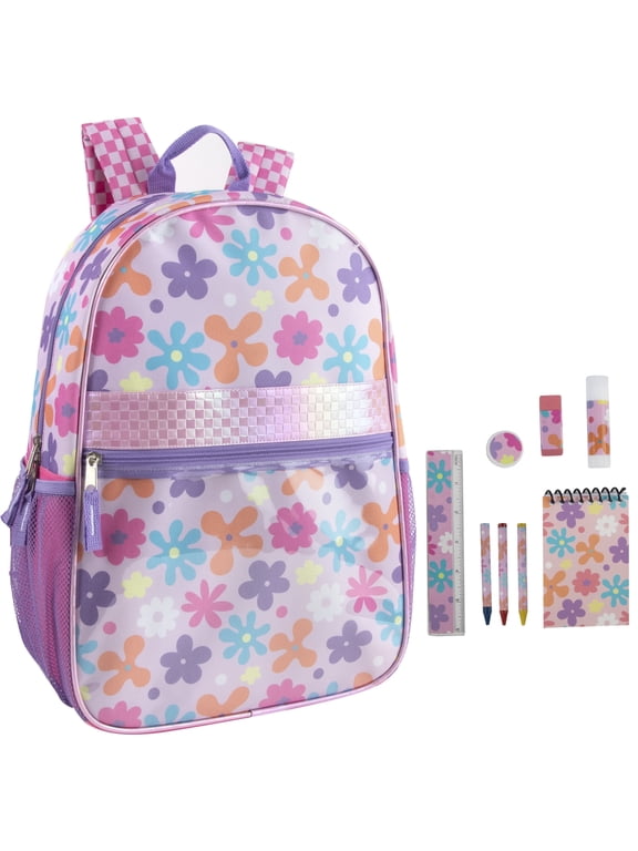 17 Inch Floral Backpack with Matching Stationary Kit Containing Crayons, Ruler, Eraser, Pencil Sharpener and Notepad in Floral Frenzy Print