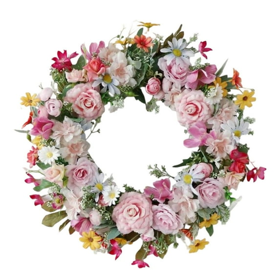 17 Inch Front Door Wreath Artificial Pink Roses with Green Leaves, Romantic Floral Wreath for Spring Summer Door Wall Decor, Wedding Party Farmhouse Home Accents and Seasonal Celebrations