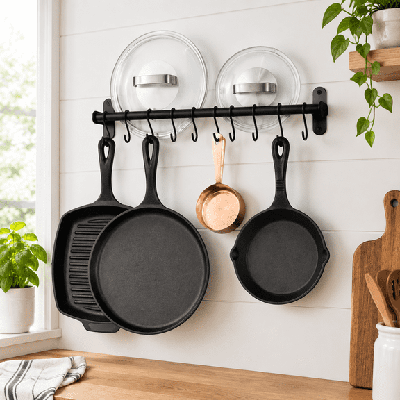 17 Inch Frosty Black Kitchen Rail with 10 S Hooks for Hanging Utensils and Cookware