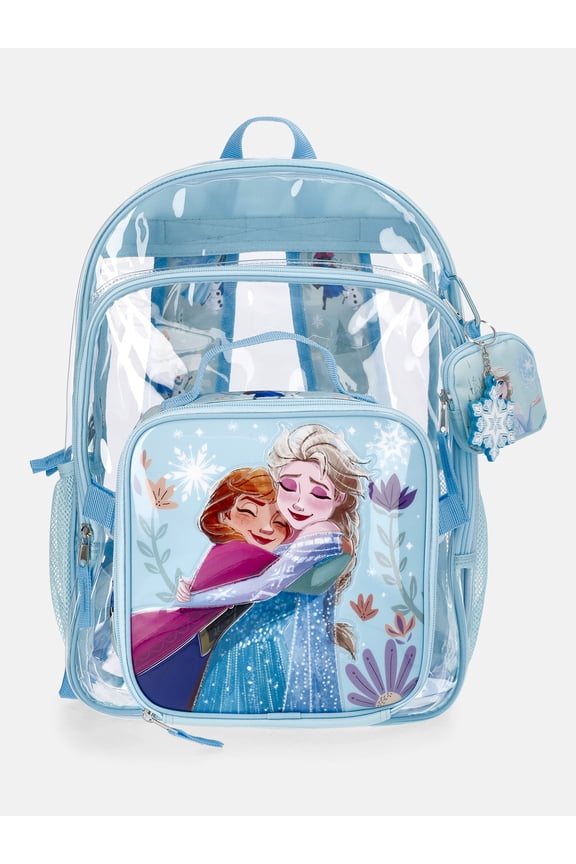 Girls 17" Clear Elsa & Ana Backpack with Lunch Box & Bag Charm, 3-Piece Set, Blue
