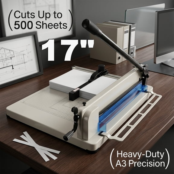 17 Inch Heavy Duty Paper Cutter Stack Paper, Trimmer Guillotine Paper Cutter, 500 Sheet Capacity, High Speed Steel, White, Safety Lock for Print Shop, Industrial Use & Cutting Leather, Cardboard