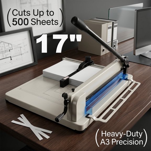 17 Inch Heavy Duty Paper Cutter Stack Paper, Trimmer Guillotine Paper Cutter, 500 Sheet Capacity, High Speed Steel, White, Safety Lock for Print Shop, Industrial Use & Cutting Leather, Cardboard