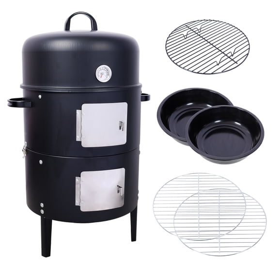 17 Inch Heavy Duty Steel Charcoal Smoker Grill with Precise Temperature Control, Dual Cooking Grids & Porcelain-Enameled Pans for Outdoor BBQ Smoking and Grilling