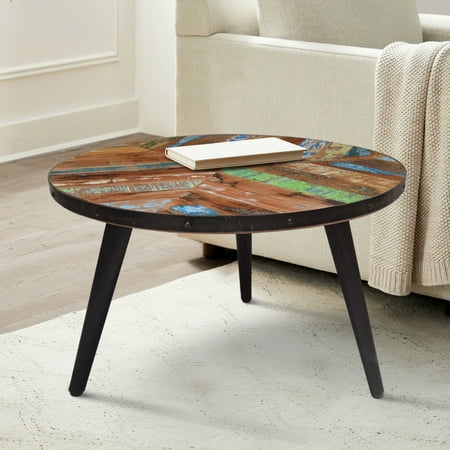 17 Inch Industrial Side Table Reclaimed Wood Round Multi Tone Top Iron Trim Brown Black - Saltoro Sherpi
