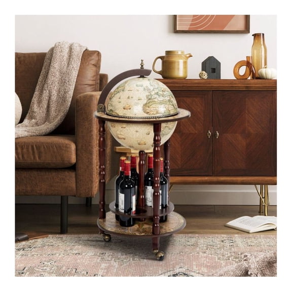 17 Inch Italian Style Design Wooden Globe Liquor Bottle Wine Rack with Wheels