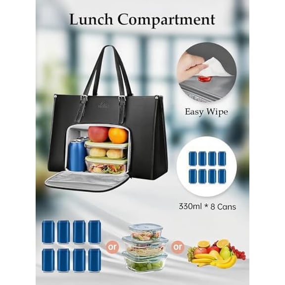 17 Inch Laptop Tote Bag for Women with Lunch Compartment, PU Leather Convertible Work Briefcase for Business, Professional Teacher Computer Handbags with Lunch Box for Office, Commute, Black
