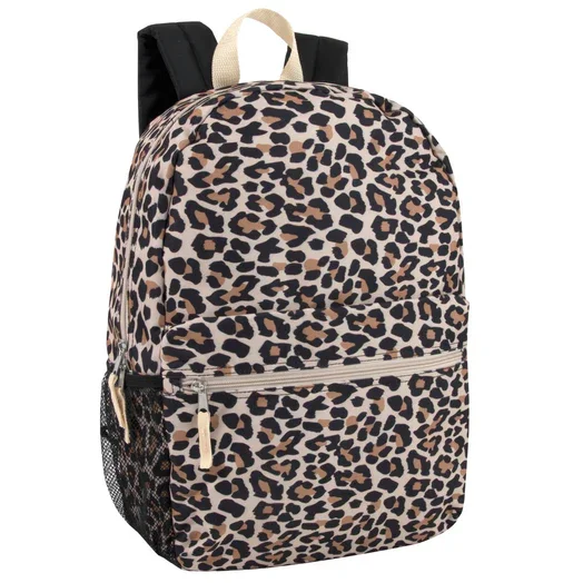 17 Inch Leopard Printed Backpack with Side Mesh Pockets and Front Zippered Pockets in Loving Hearts Print