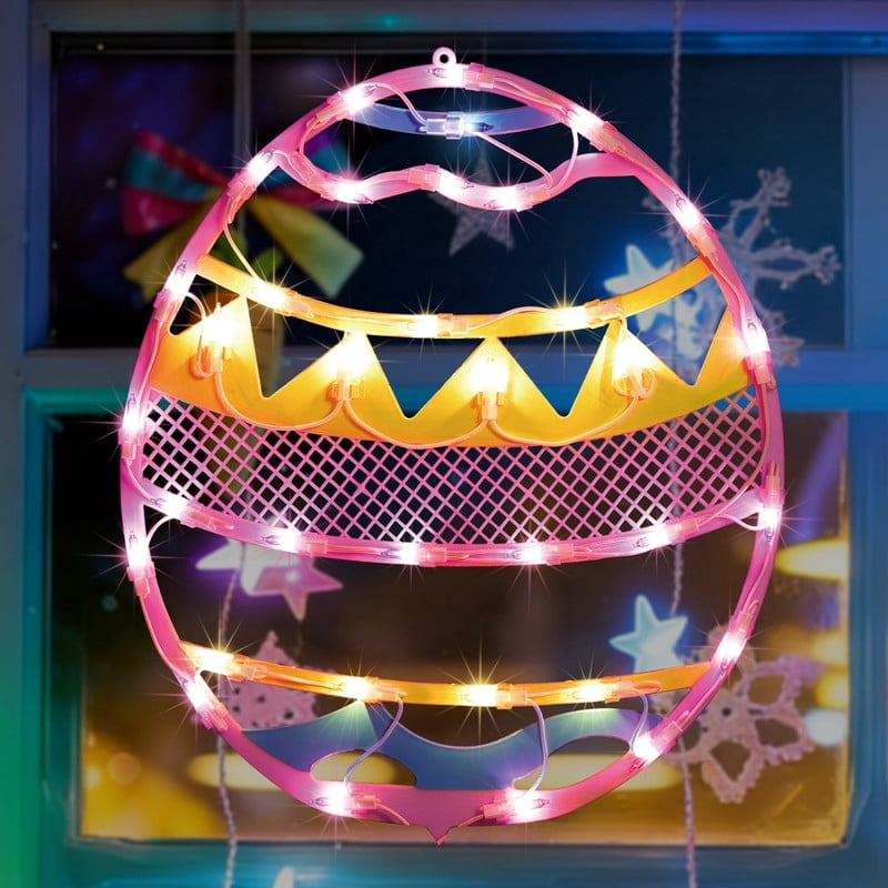 17 Inch Lighted Easter Egg Window Silhouette, Pink Base with Yellow Chevron Stripes